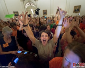 A pro-choice advocate acts out during debates over HB2 legislation in Texas.