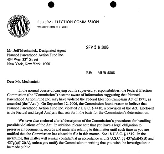 Image: letter Federal Elections Commission (FEC) against Planned Parenthood Action Fund
