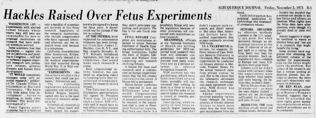 Image: article Hackles Raised over Fetus Experiments (Image credit: Albuquerque Journal 11/2/1973) 