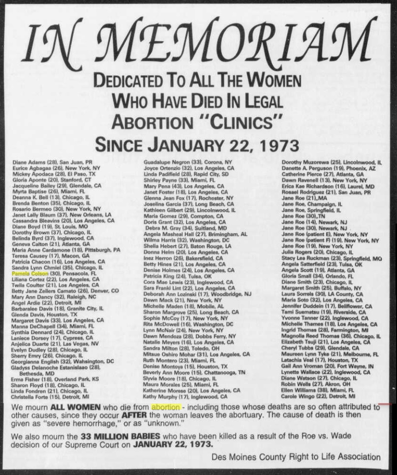 Image: Jan 1996 advertisement mourning legal abortion deaths