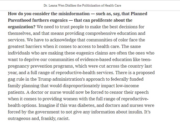 Image: New York Times asks Leana Wen about eugenics and Planned Parenthood (Image NYT's Dr. Leana Wen Dislikes the Politicization of Health Care 11/6/2018)