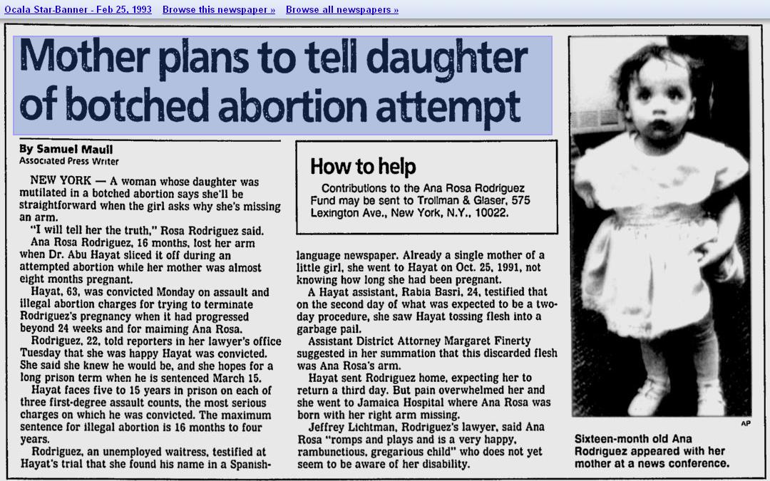 Image: News report of Ana Rosa Rodriguez born alive after failed abortion
