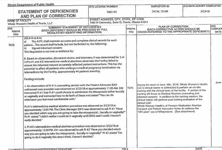 Image: Whole Women's Health DOH health inspection deficiency report on telemedicine abortion B March 2018