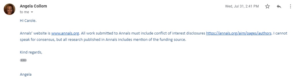 Image: Annals of Internal Medicine email of anonymous abortion study funding source