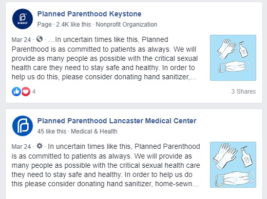 Image: Planned Parenthood asks for PPE during COVID19 Facebook