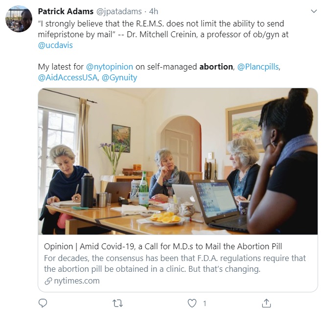 Image: Patrick Adams cites Mitchell Creinin who is funded by abortion pill mfg in NYTs article (Image: Twitter)