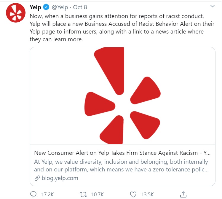 Image: Yelp racism button announcement on Twitter