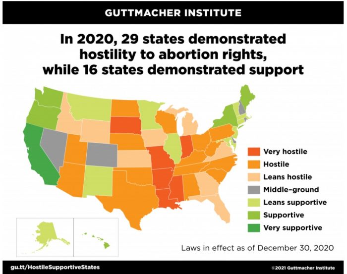 Image: Guttmacher claims multiple states are hostile to abortion rights in 2020 (Image: Guttmacher Institute) 