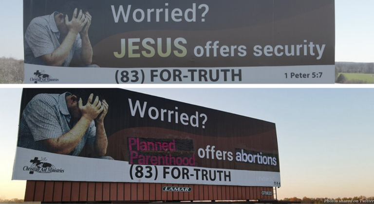 Christian billboard defaced with pro-Planned Parenthood graffiti