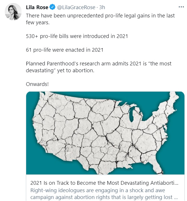 Image: Lila Rose celebrates five hundred pro-life laws introduced in 2021 (Image: Twitter)