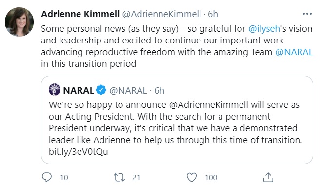 Image: NARAL acting president Adrienne Kimmell (Image: Twitter 5/04/21) 