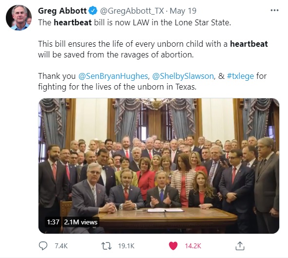 Texas Gov Greg Abbott signs SB8 the prolife Heartbeat Bill May 21