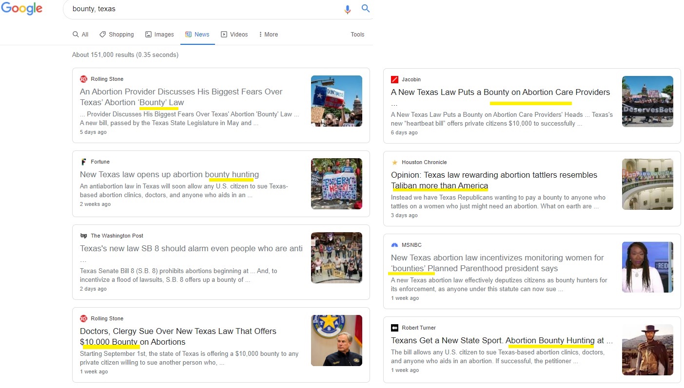 Image: Top Google News Stories claim Texas abortion bounty