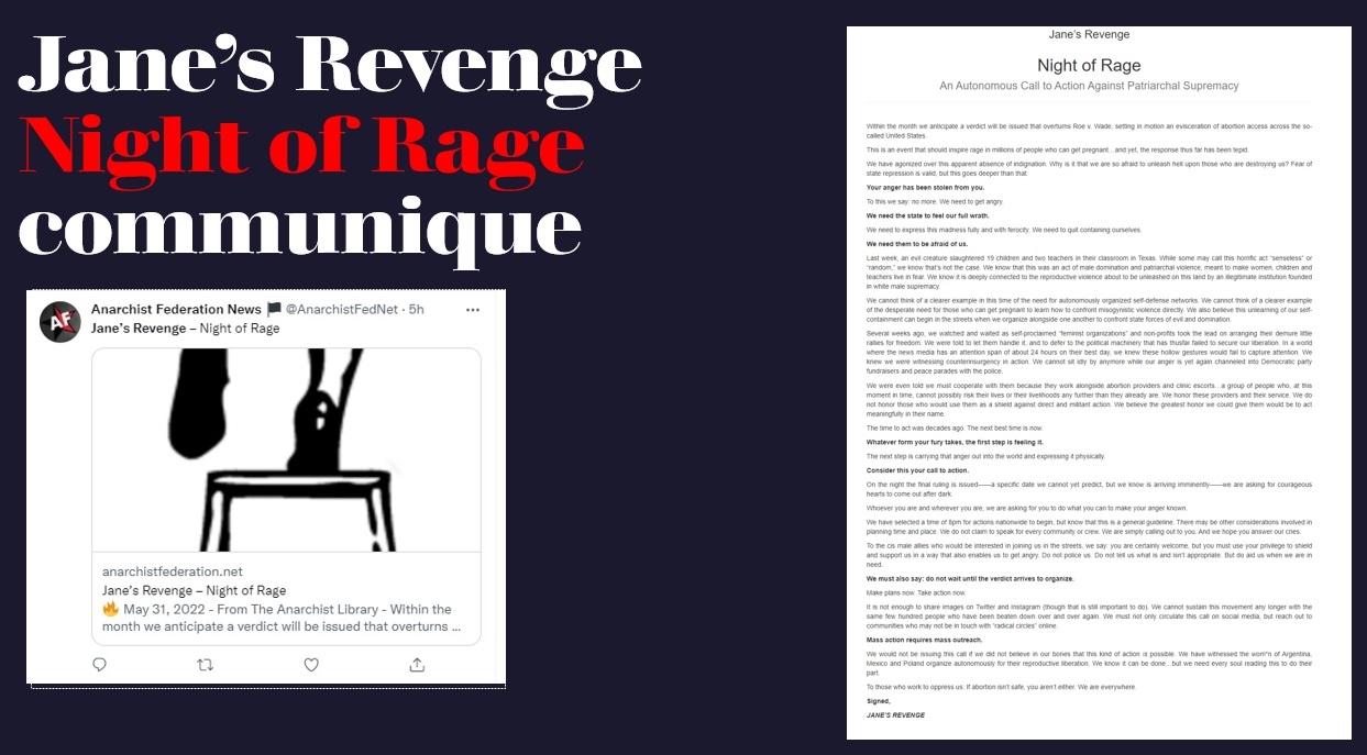 Image: Pro-abortion extremist group Janes Revenge issues "Night of Rage" threatening communique after SCOTUS overturns Roe 