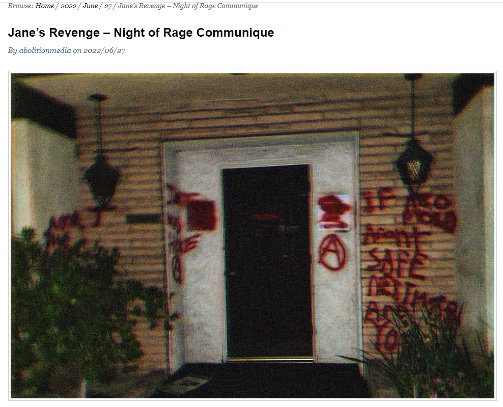 Image: Jane's Revenge takes credit for vandalizing California prolife pregnancy center