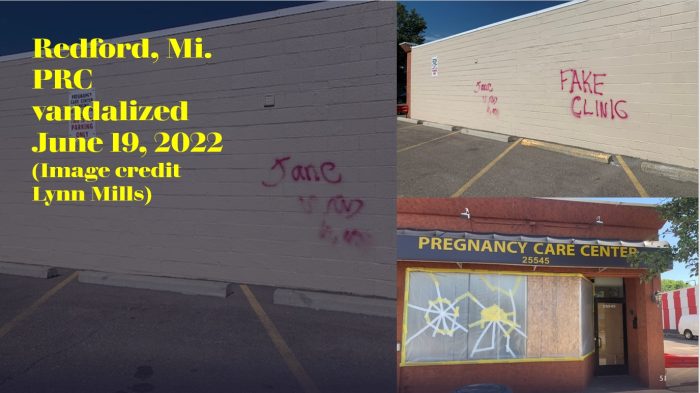 Image: in Redford, Michigan vandalized by abortion extremists graffiti "Jane was Here" (Images: Lynn Mills)