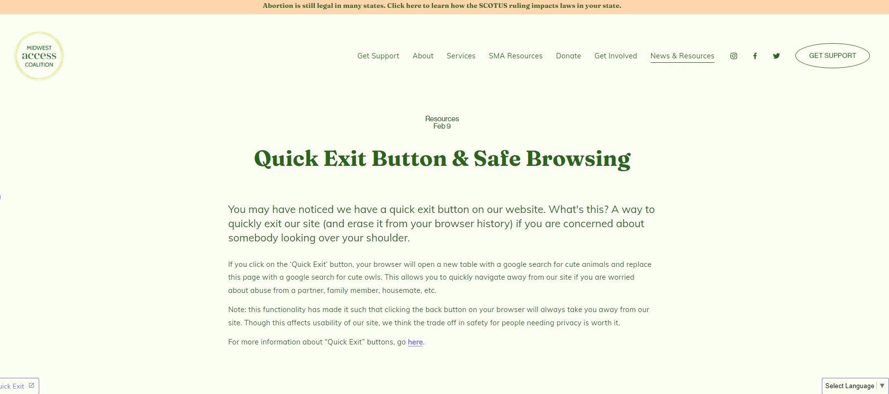 Image: Midwest Access Coalition website quick exit tab erases cached