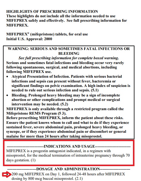 Image: Abortion pill Mifepristone drug label 2023 indication and usage doesn't include miscarriage 