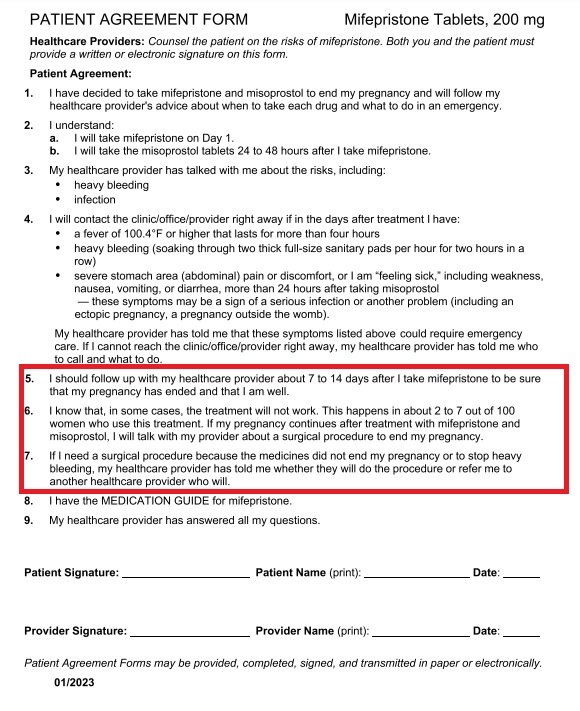 Image: Mifepristone Patient Agreement Form for abortion pill