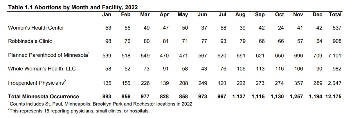 2022 Minnesota abortion stats by facility and independent physicians