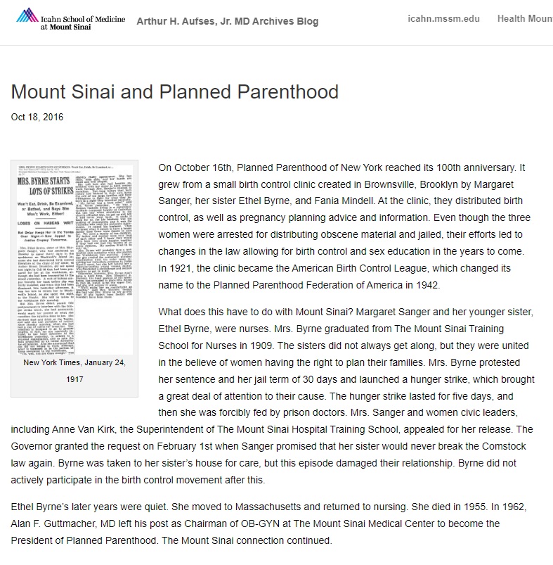 Planned Parenthood and Mount Sinai Hospital (Screen from website accessed 1/17/2024) 