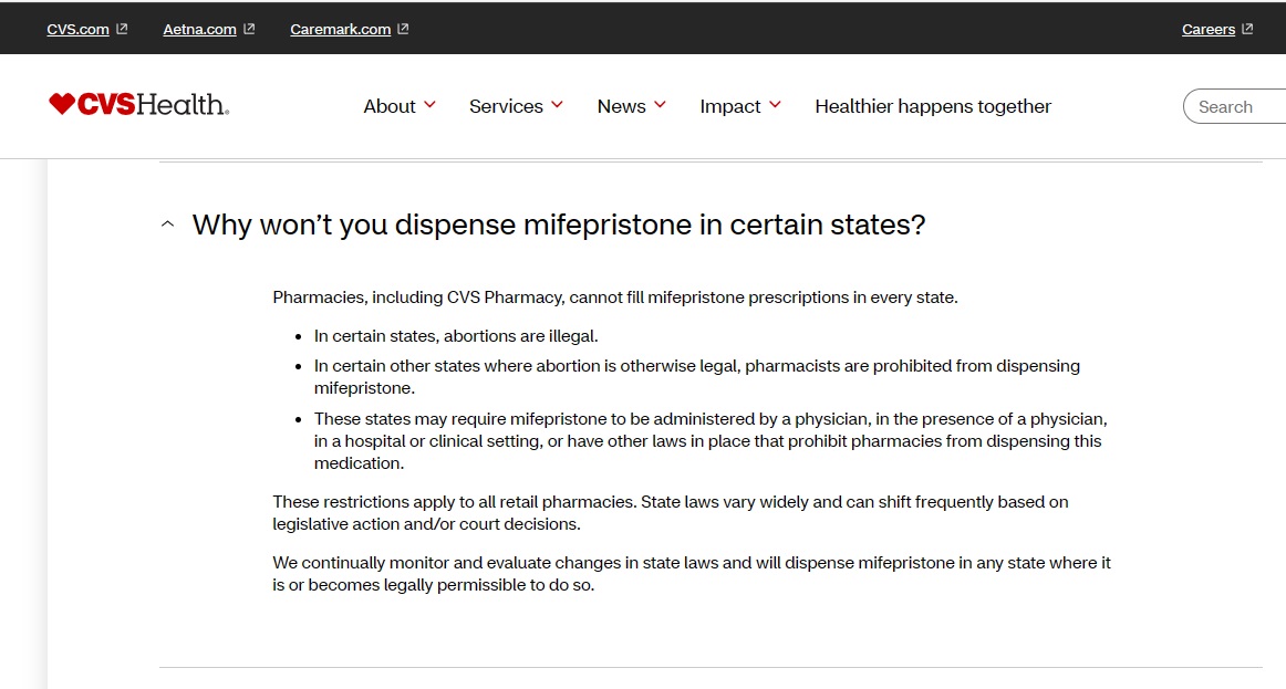 CVS will not dispense abortion pills in every state (Website accessed 3/20/2024)