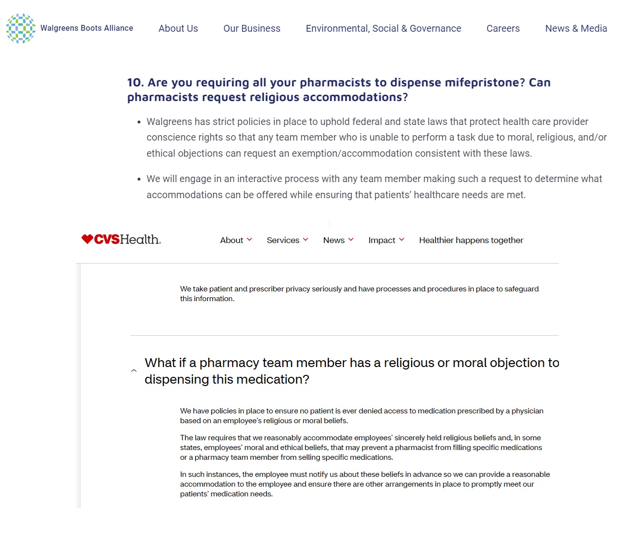 Walgreens and CVS vow to protect employee conscience rights on abortion pill dispensing (Website accessed 3/20/2024)