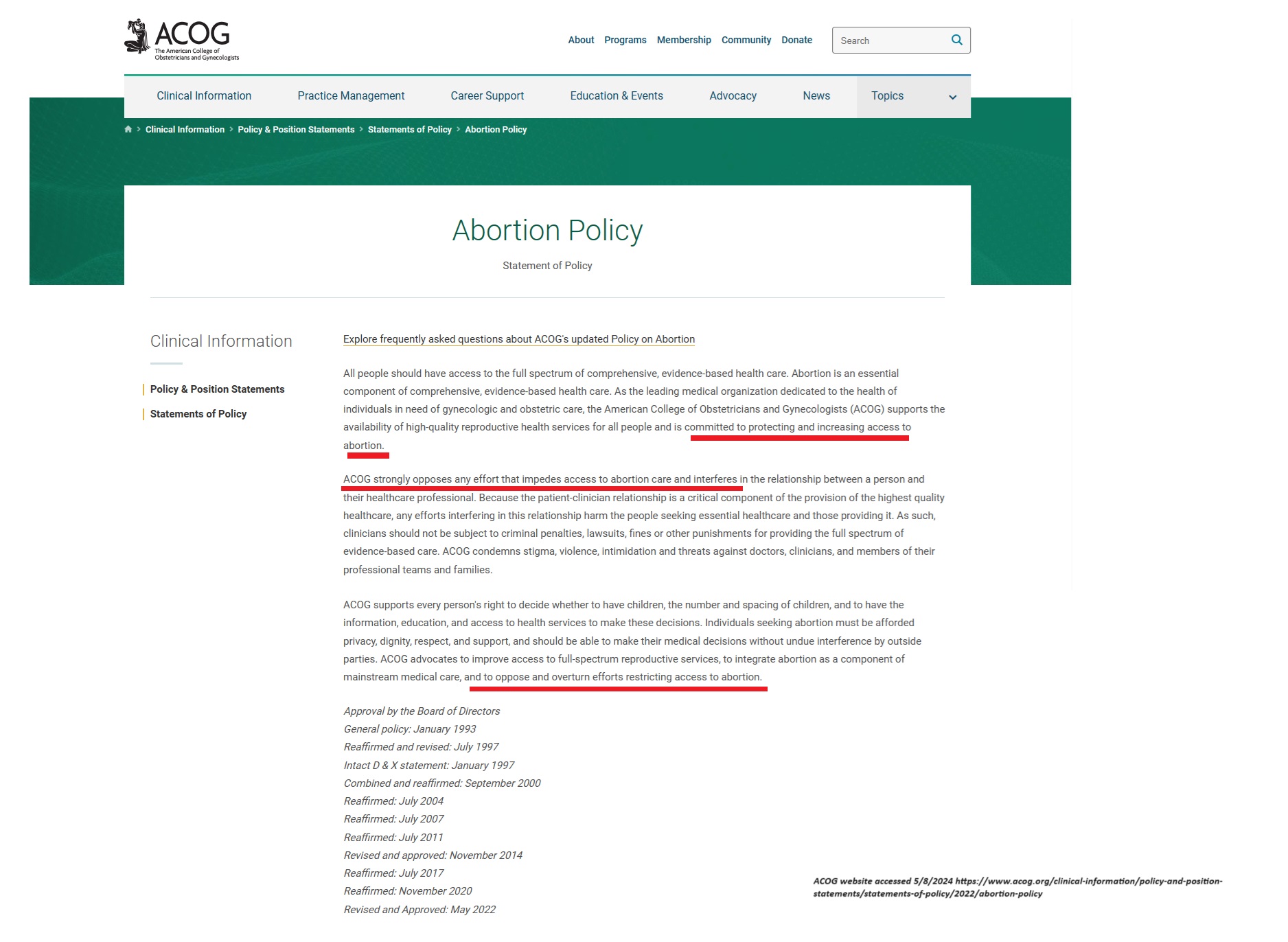 ACOG abortion policy accessed 05082024