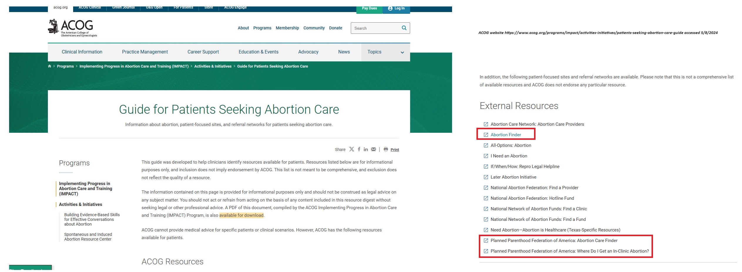 ACOG website refers for abortion promotes Planned Parenthood accessed 050824
