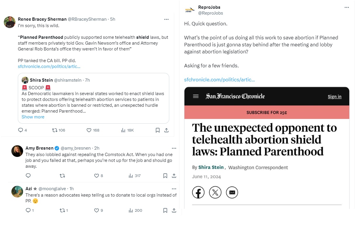 Abortion advocates criticize Planned Parenthood opposition to telehealth shield laws (Images: Twitter "X")