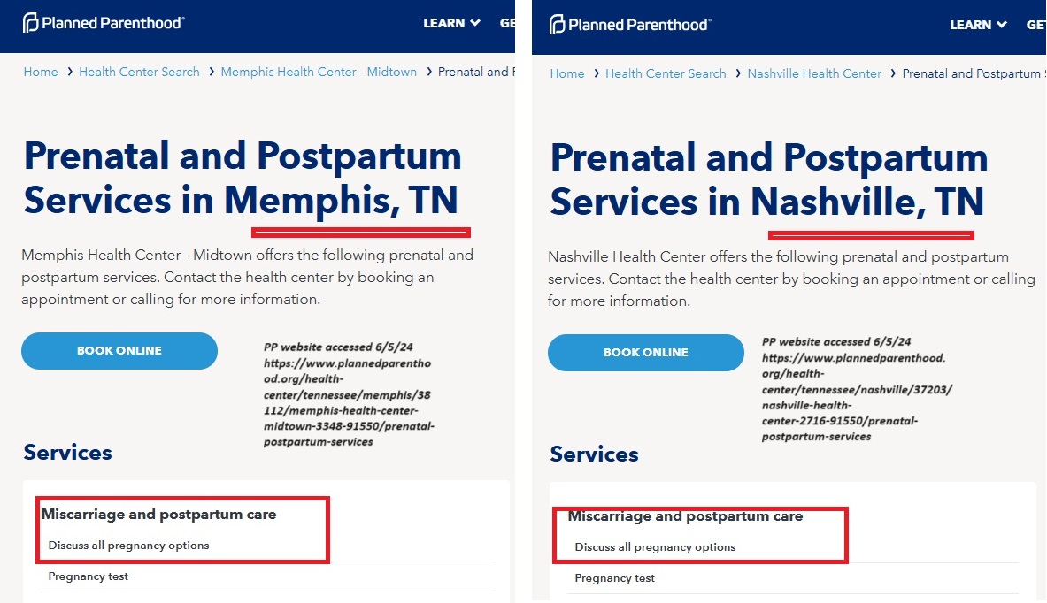 Planned Parenthood centers in Memphis and Nashville Tennessee offer miscarriage care
