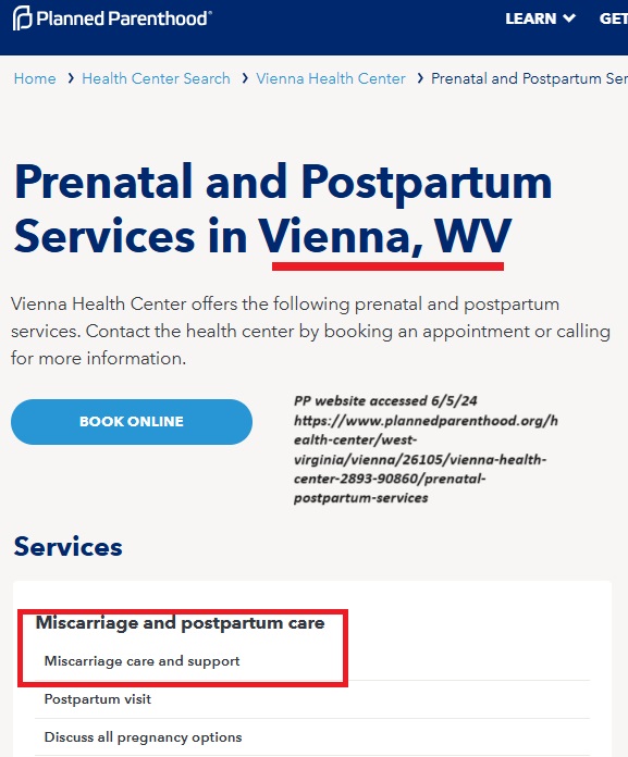 Planned Parenthood in Vienna West Virginia offers miscarriage care