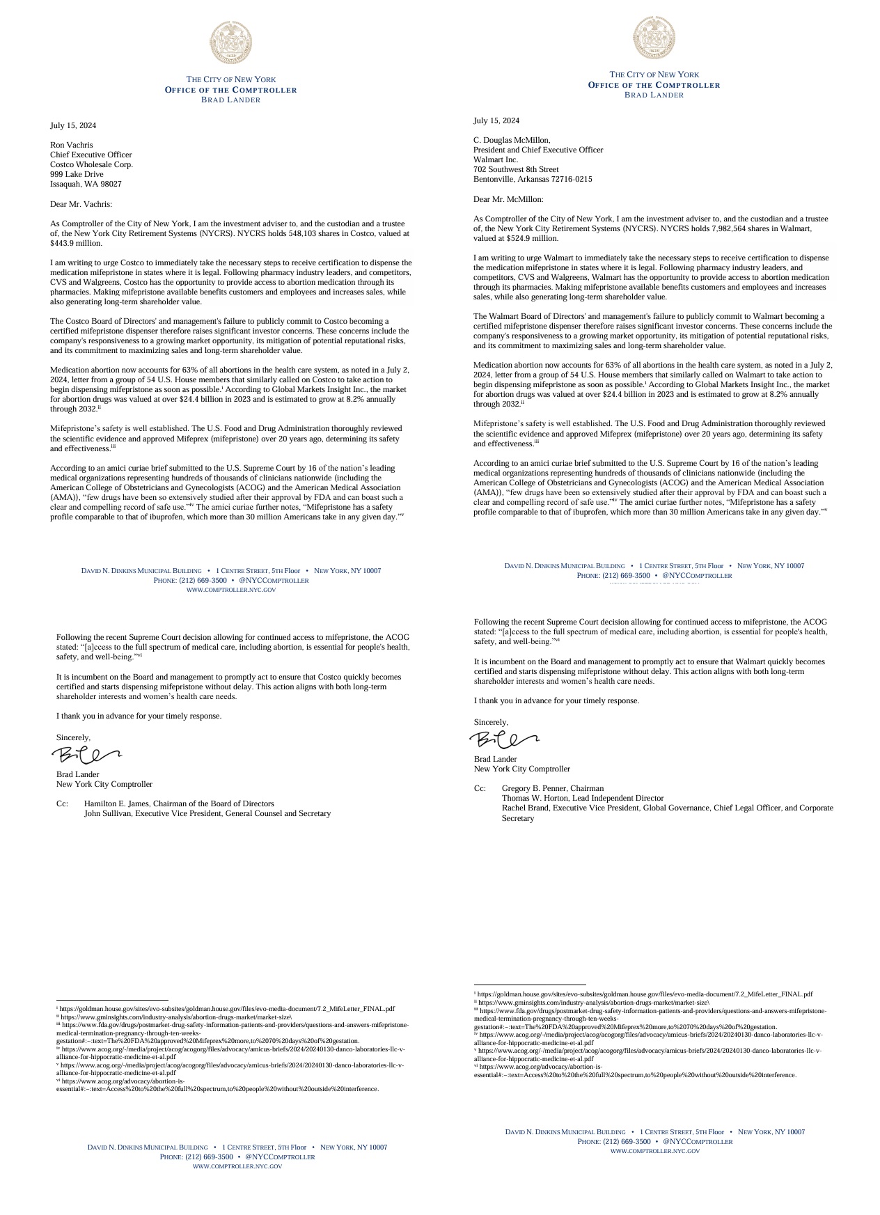 Brad Lander NYC Comptroller letters to pharmacy giants Wal-Mart and Costco urges abortion pill dispensing