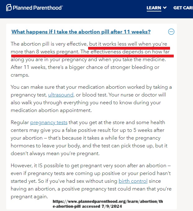 Planned Parenthood website acknowledges abortion pill past 11 weeks not as effective