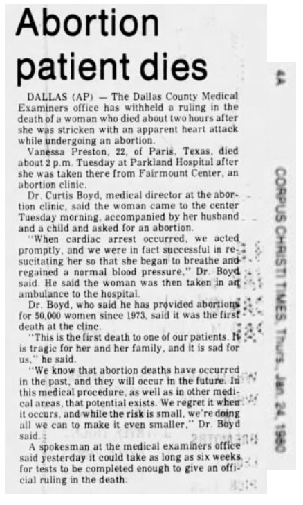 Vanessa Preston died after legal abortion at Curtis Boud clinic in Dallas (Image: Corpus Christi Times 1/24/1980)