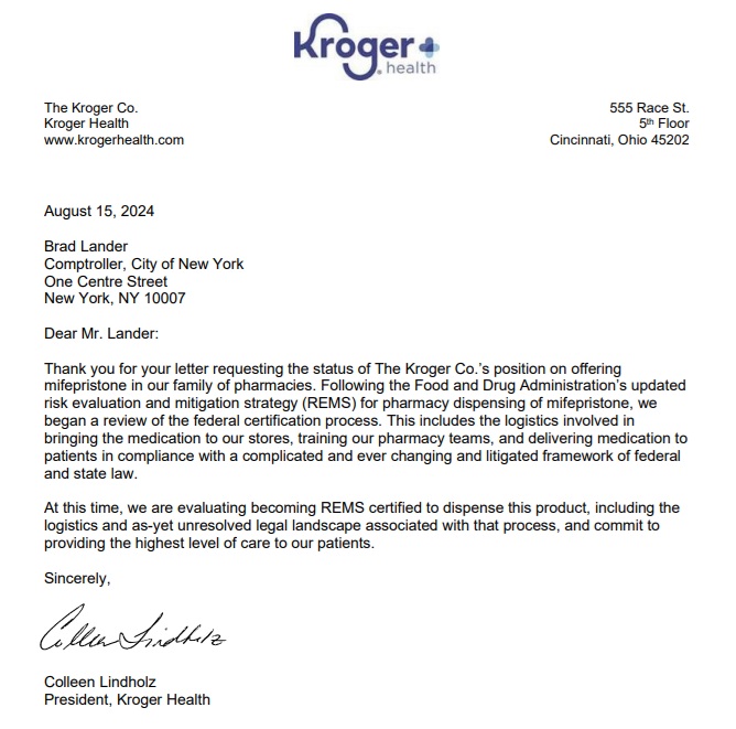 Pharmacy chain Kroger response to demand to dispense abortion pills