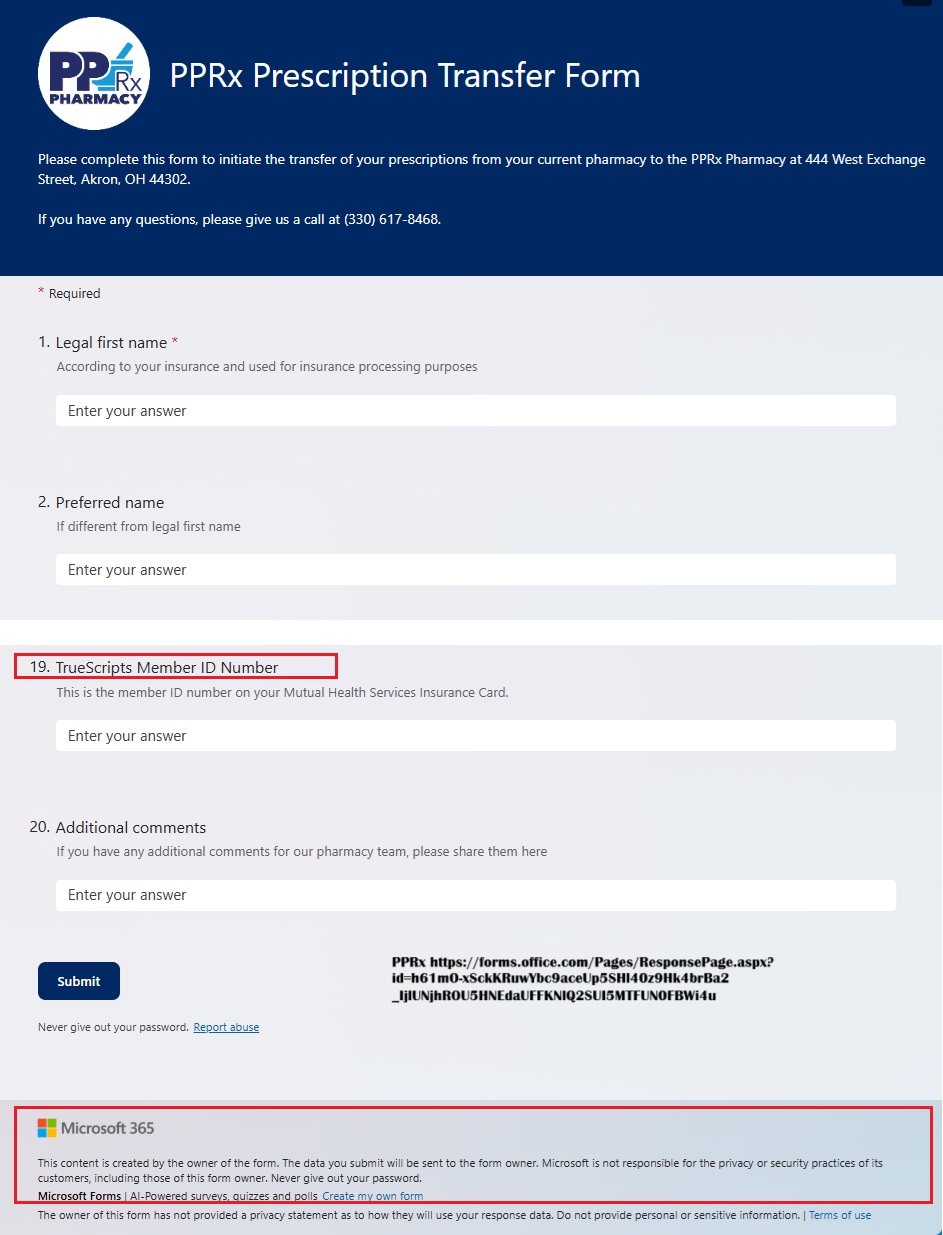 PPRX Planned Parenthood pharmacy Microsoft form privacy uses TrueScripts