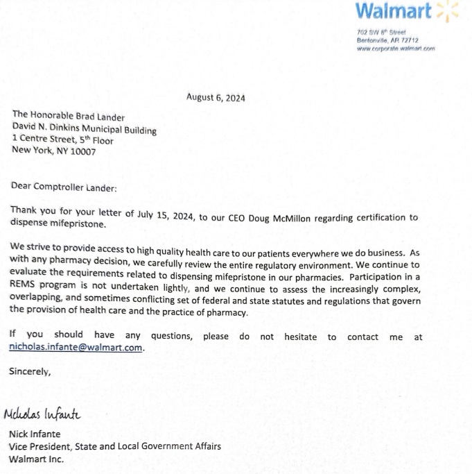 Wal-Mart response to demand to dispense abortion pills