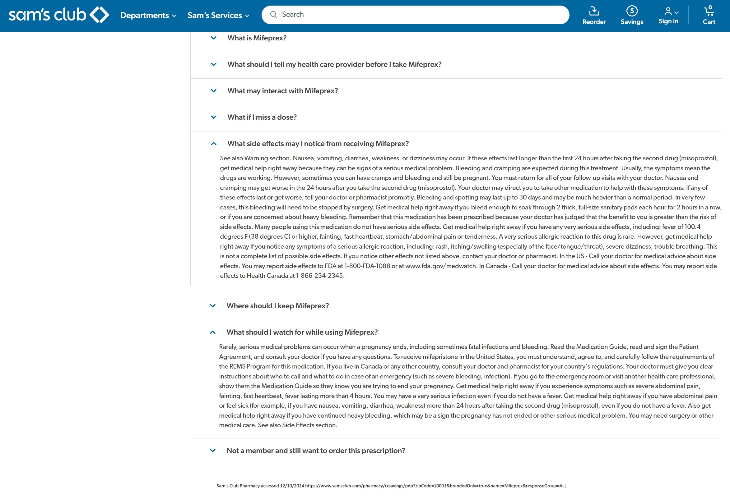 Abortion pill side effects on Sam's Club Pharmacy website
