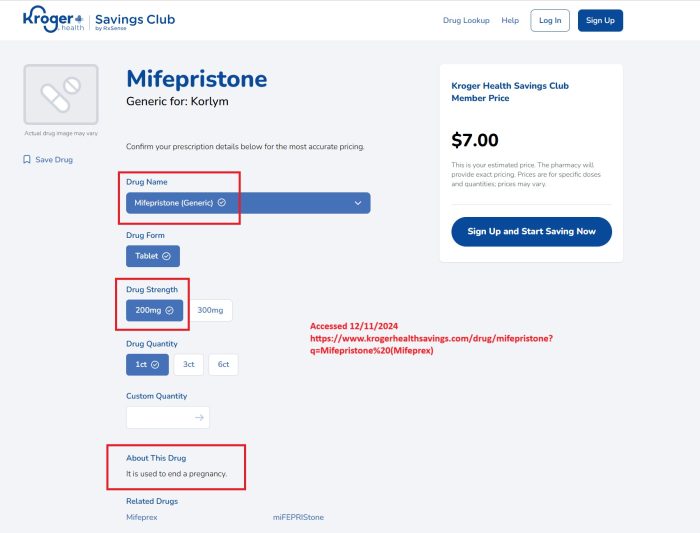 Kroger drug price for Mifepristone the abortion pill to end pregnancy