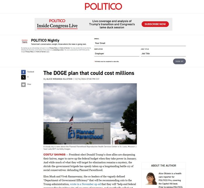 Politico Nightly report rushes to thwart Planned Parenthood defund effort