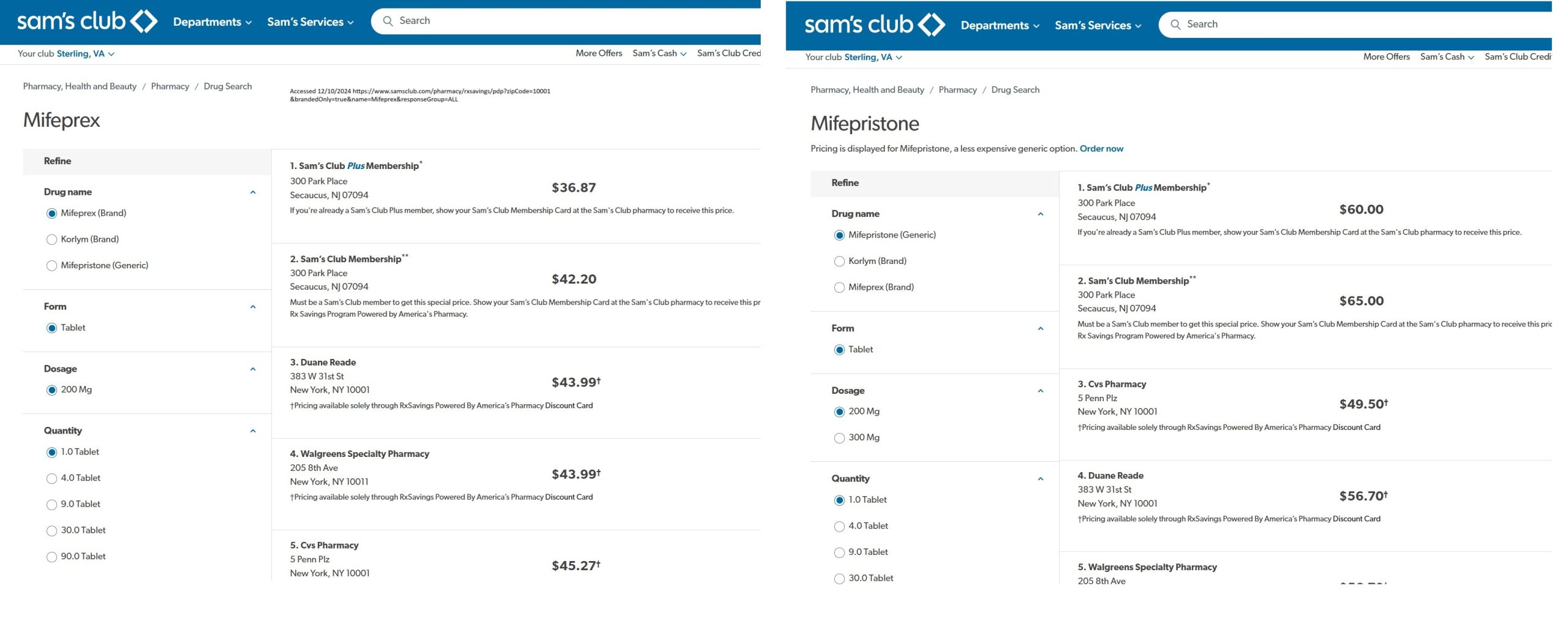 Sam's Club Pharmacy carries the abortion pill Mifepristone and Mifeprex