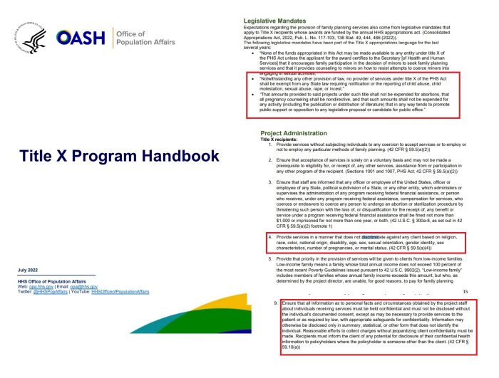 2022 Title X Handbook requirements on reporting child sexual abuse, privacy, and discrimination