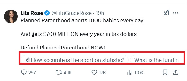 Lila Rose exposes Planned Parenthood Tweet and Grok's response