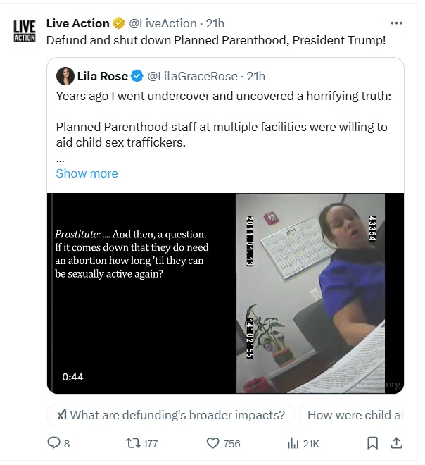 Live Action Planned Parenthood Tweet and Grok's response