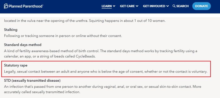 Planned Parenthood glossary Statutory Rape defined accessed 12182024