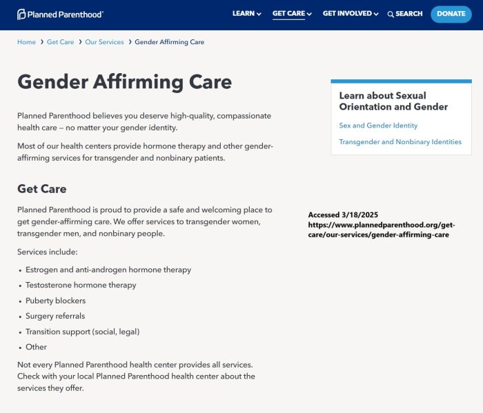 Planned Parenthood gender agenda shows services include HRT puberty blockers and referrals for surgery